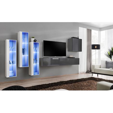 Ensemble mural - Switch XIII - 3 vitrines LED - 1 banc TV - 1 vitrine carrée - Blanc et graphite - Modèle 1 - Livraison gratuite