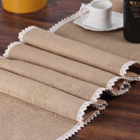 Chemin de table en lin, tapis de mariage, toile de jute, festival, nappe naturelle, décoration familiale, dentelle, style vintage, banquet, imitation rustique