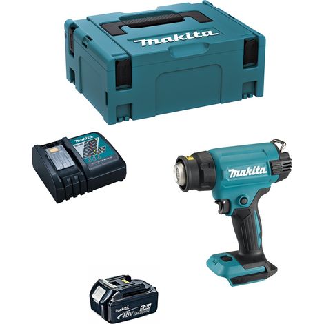 Makita – Pistolet air chaud sans fil 18V – Température 150-550°C – Débit d'air 120-200 L/min – Avec batterie 5,0 Ah et chargeur