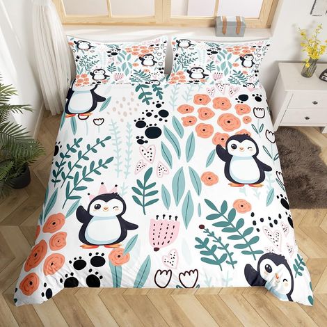 Housse de Couette 220x240 Enfant Pingouin Kawaii, Parures de Lit Enfants Dessin Animé Pingouin, Sets de Housses de Couettes Mignonne Fleur À Feuilles, Couvre Lit Imprimé Patte d'animaux (1/5)