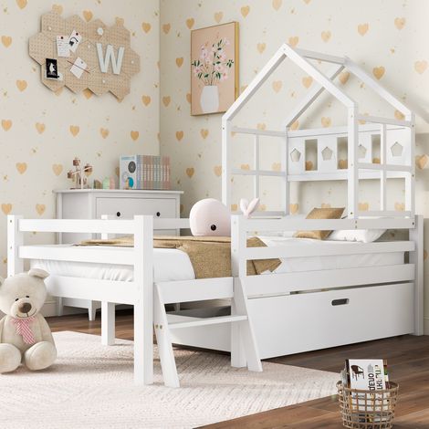 Cama alta infantil 90x200 cm blanca de madera maciza con escalera, cajón y barrera de seguridad (1/5)