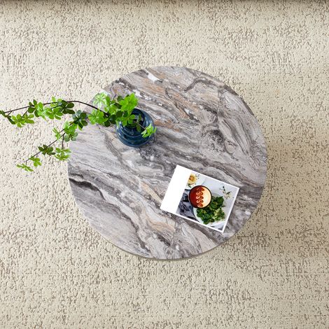 Table basse ronde de 70 cm de diamètre,en marbre gris (MDF) et pieds en métal noir. Design minimaliste,idéal pour les salons et les petits espaces.