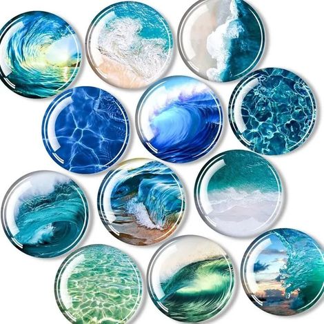 12 Pièces Aimants Frigo, Motif Mers Bleues, Ronds Décoratifs pour Tableau Magnétique, Décoration Maison, Bureau, Réfri - Motif Océan (1/5)