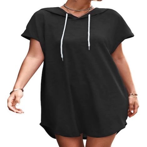 Dress Sport - Hooded - Polyester-Spandex - Manches Courtes - Ourlet Asymétrique - Pour Entraînement à Domicile et Activités Extérieures Légères - Taille L - Noir
