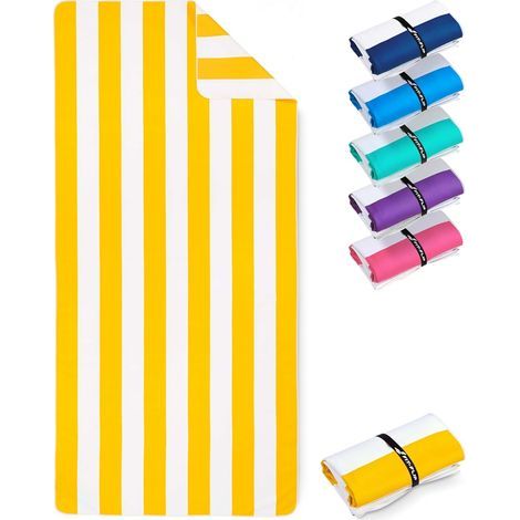Large Microfiber Beach Towel - Thin and lightweight - Quick-drying - XXL Pool Towel - Sand-resistant Towels - 100% Recycled - Striped Lemon Yellow and White - 160cm x 90cm (1/5)