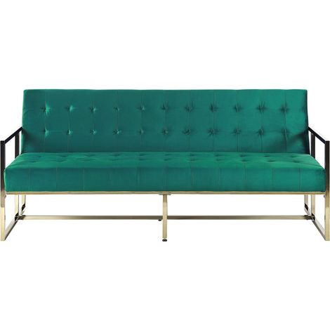 Sofa Bed Green Velvet Tufted Upholstery 3 Seater Gold Metal Frame with Armrests Retro Style MARSTAL