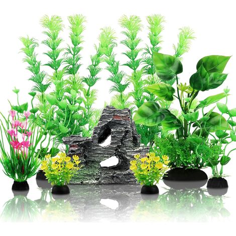 Plantes d'aquarium Plastique Décoration, Vert Plantes Artificielle Aquarium avec Rocher Polyrésine Grotte Ornement pour Aquarium Poissons, 9 Pièces (1/5)
