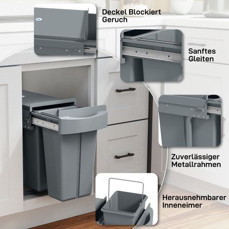 Poubelle extensible 30L (20L+10L) avec 2 seaux amovibles, poignée, métal gris, pour cuisine et tri des déchets. (1/5)