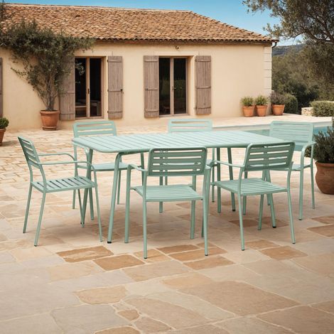 Table de jardin + 6 fauteuils empilables en métal vert - BACA