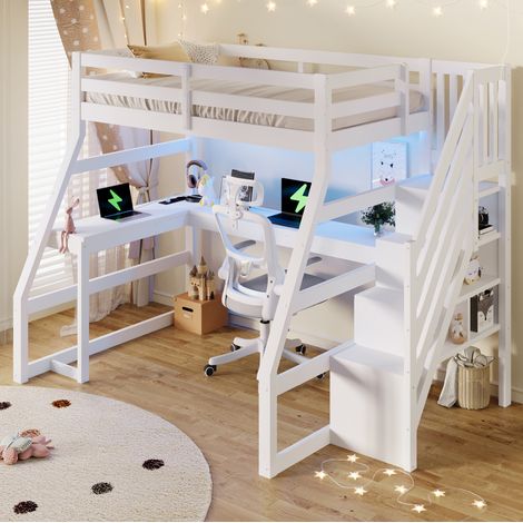 Cama alta 90x200 cm blanca de madera con escritorio, LED, puerto USB y escalera con almacenaje (1/5)