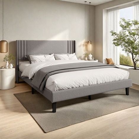 Polsterbett 140x200 cm aus grauem Leinen - Bett für 2 Personen - Lattenrost aus Holz - Doppelbett 140x200 cm - Bettgestell 140x200 cm