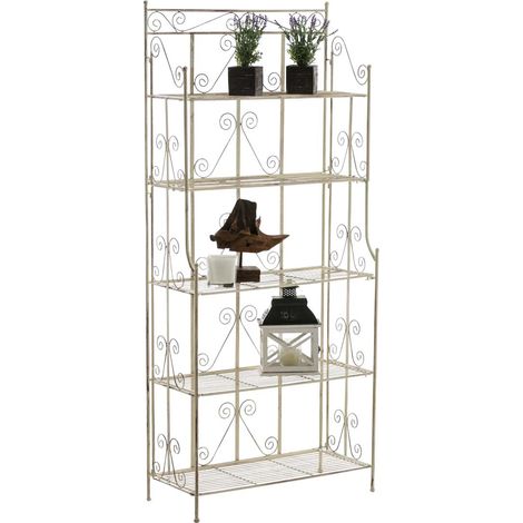 Scaffale su piedini a 5 livelli per riporre oggetti, balcone, terrazza, soggiorno, pieghevole, in metallo color crema invecchiato 100003971