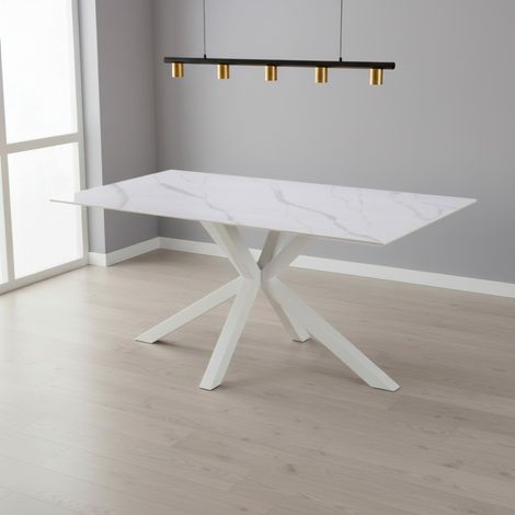Tavolo da Pranzo Hunter 160×90 cm in Ceramica Effetto Marmo Bianco con Gambe Design Bianche (1/5)