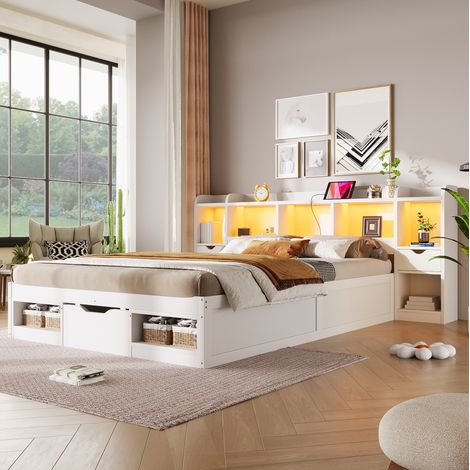 Lit adulte 140x200 cm avec LED, tête de lit avec rangements, 3 tiroirs, espaces de rangement multiples, ports USB, MDF et contreplaqué, blanc (1/5)