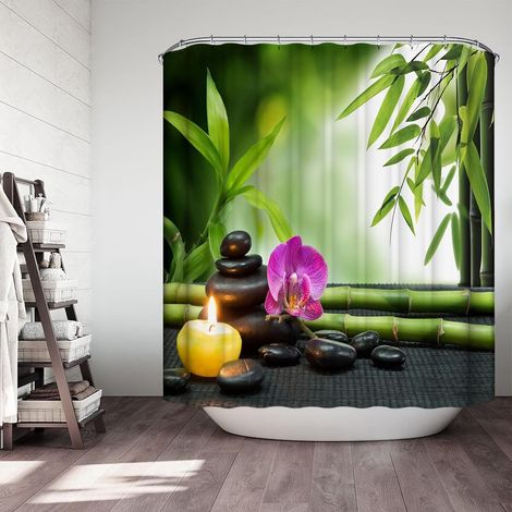 1 Rideau Douche, Polyester Imperméable, Crochets Inclus, Bambou Vert, Salle De Bain (1/5)