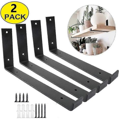 2024 Lot de 2 supports d'étagère, supports muraux industriels, cadre de support d'étagère robuste en forme de L, compatible avec les supports d'étagère murale (noir) 20 cm (1/5)