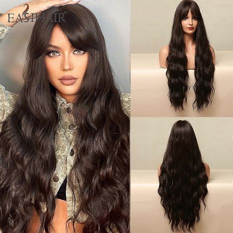 Perruque ondulée EASIHAIR Ombre Gris Cendré avec frange, blond platine clair, cheveux synthétiques longs pour femmes, idéale au quotidien et pour les soirées. Fibre résistante à la chaleur.