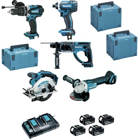 Pack de 5 machines MAKITA DLX5039PTJ (DHP458 + DTD152 + DGA504 + DHR202 + DSS610) + 4 x 18V 5Ah + Chargeur double + 3 MAKPAC