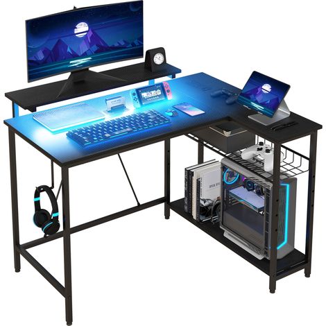 Scrivania Angolare Reversibile LED integrati Prese USB Ripiani e Supporto Monitor Nero