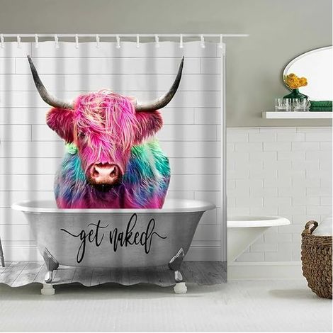 Cortina de ducha para bañera, antimoho, impermeable, lavable, de tela, con ganchos, diseño de vaca y flores (100 x 180 cm). (1/3)