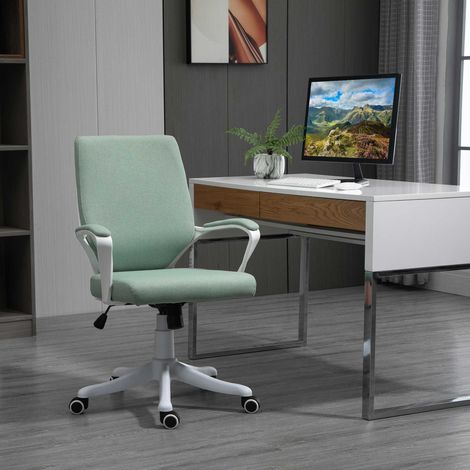 Chaise de bureau ergonomique Vinsetto avec accoudoirs, réglable en hauteur, pivotante et à bascule, aspect lin, revêtue de tissu, verte et blanche. (1/5)