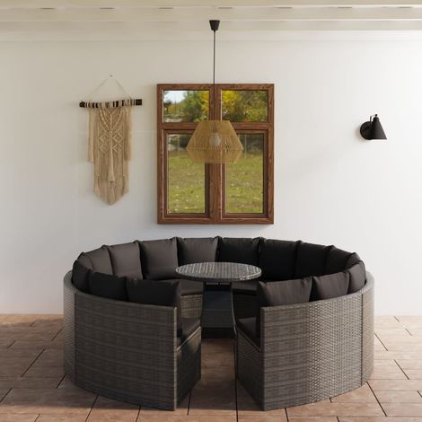 9-tlg. Garten-Sofagarnitur mit Auflagen Poly Rattan Grau