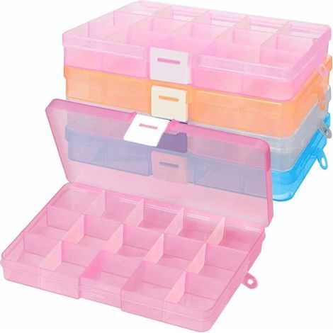 Lot de 4 Boîtes de Rangement Plastique, Transparent de Boîte Organisateur de Rangement Ajustables pour Perles avec 15 Compartiments pour Bijoux, Collier, Bagues et Boucles D'oreilles,Seuçais (1/5)