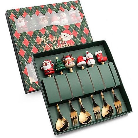 Lot de 6 cuillères à café de Noël en acier inoxydable à dessert de à à mélanger Couverts de avec coffret cadeau 3 et fourchette (1/4)