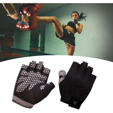 Gants de musculation ajourés, respirants et antidérapants, demi-doigts, avec dragonne, gris, taille L. (1/5)
