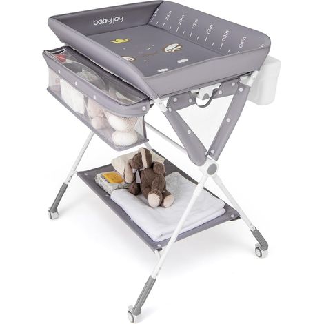 COSTWAY Table à Langer Mobile pour Bébé, Table à Langer Pliable avec Hauteur Réglable sur 3 Niveaux Poubelle Panier de Rangement Etagère Roues Verrouillables, pour Chambre de Bébé (Gris) (1/5)