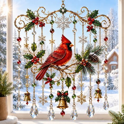 Attrape-soleil carillon de Noël Modèle F Cardinal rouge suspension acrylique 15 cm 88 g – Livraison gratuite