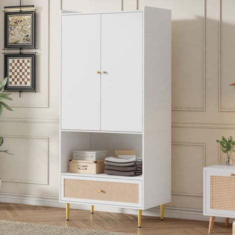 Armario de 2 puertas con gran cajón de ratán, barra para ropa, 80 x 48 x 175 cm, blanco HAVRYA (1/5)