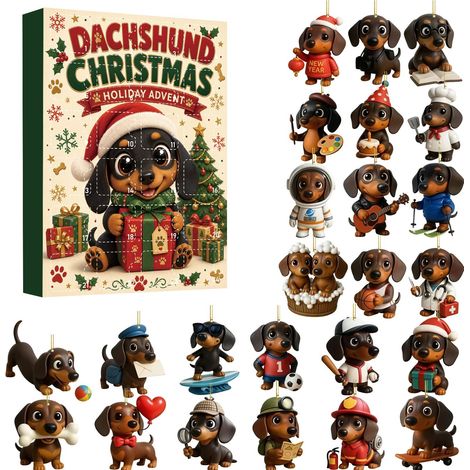 Adventskalender 2026 mit Dackelfiguren – 24 einzigartige, flache 2D-Weihnachtsornamente aus Acryl in verschiedenen Kostümen – Weihnachtskalender mit Countdown bis Weihnachten – originelles Weihnachtsg (1/5)