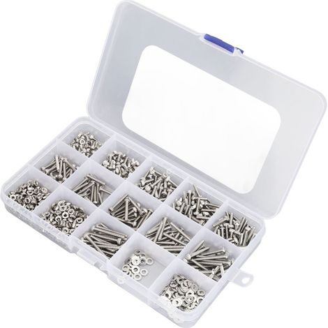 Kit d'assortiment de 840 boulons et écrous métriques M2.5 à tête hexagonale, en acier inoxydable avec rondelles plates. (1/5)