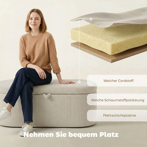 Ottomane de rangement, revêtement en velours côtelé avec assise rembourrée, banc de lit, 105 x 51 x 49 cm, beige (1/4)