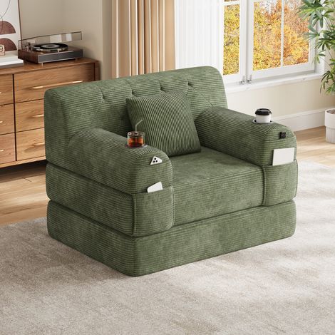 Fauteuil convertible lit , 1 place, sans assemblage, avec coussins,vert,107 x 80 x 81 cm (1/5)