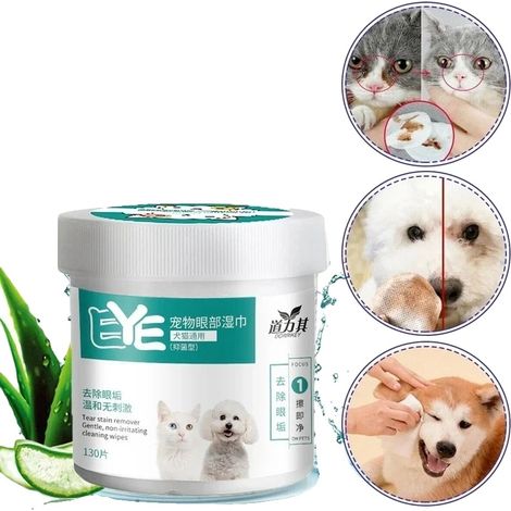 Lingettes pour les yeux des animaux, matériau en coton, taille des lingettes diamètre 5,3 cm, taille de l'emballage 7x7 cm, adaptées pour les chiens et les chats, 130 pièces (1/5)