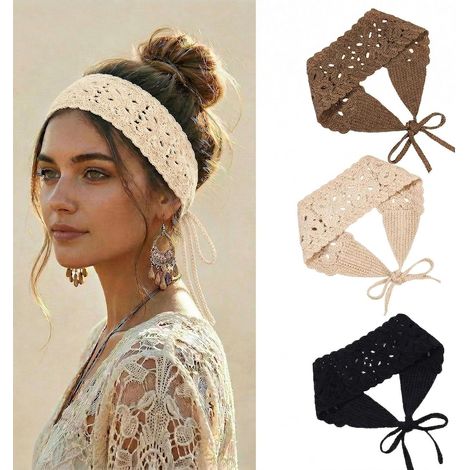 Lot de 3, Bandeau pour femmes, Bandeau crochet vintage, Tricots faits main doux, Design bohème en dentelle avec lien pour le quotidien, les vacances et les photos, Beige, Noir, Marron