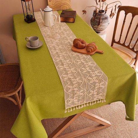 Coton à tête carrée, longueur de côté 120 cm Chemin de table en coton et lin, fil de coton crocheté, housse pour meuble TV/meuble à chaussures, nappe décorative à longues bandes pour table basse/table (1/5)