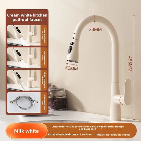 (B-G12) Robinet de cuisine en cuivre massif, extractible, couleur crème, eau chaude et froide. Robinet télescopique pivotant pour évier à légumes G3/8G1/2 (1/5)