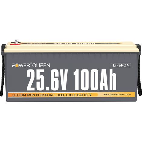 Power Queen – Batterie lithium 24V 100Ah 2560Wh LiFePO4 – BMS 100A – 4000-15000 cycles – Pour stockage énergie solaire et hors réseau – Camping car, bateau