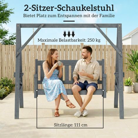 Banc balançoire jardin 2 places en bois gris avec étagères, porte-verres et chaînes en acier (1/4)