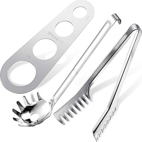 Ustensile pâtes 3 pièces inox : pince, cuillère spaghetti, mesureur – accessoire pratique cuisson/service (1/5)