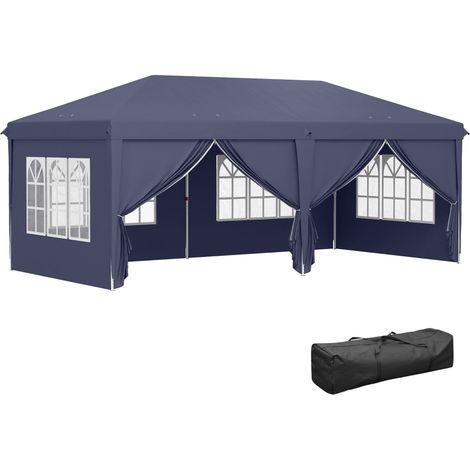 Tonnelle de jardin pliante 6 x 3 m, acier et polyester, 6 panneaux latéraux, bleue (1/5)