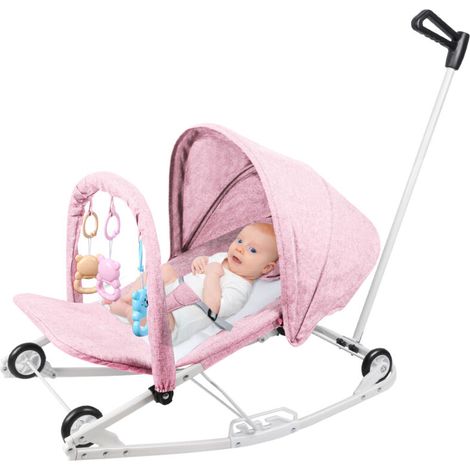 Transat/Poussette Bébé 2 en 1, avec Arche de Jeux et Têtière, Dossier Réglable sur 3 Positions, 4 Réglages de Vitesse, Pliage Compact 0-6 Mois Jusqu'à 9 kg (Rose)