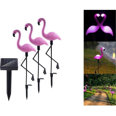 Lot de 3 lampes solaires LED étanches en forme de flamant rose pour jardin, à piquer, décoration paysagère (1/4)