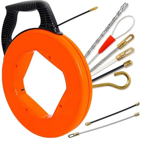 Aide à tirer le câble 30 m, 4 mm, spirale à tirer avec 6 adaptateurs, fil à tirer avec boîtier en plastique et poignée, ressort à tirer pour la pose de câbles (orange)