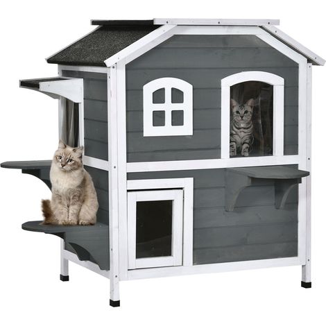 Katzenhaus Mit Asphaltdach Wetterfeste Outdoor Katzenhütte Mit Treppen, 2-Etagen, Tannenholz, Grau, 78X55,5X91Cm
