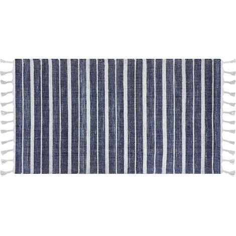 Alfombra azul oscuro blanco 80 x 150 cm plástico reciclado patrón a rayas Bademli (1/4)