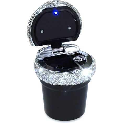 Cendrier de voiture, facile à nettoyer, en acier inoxydable amovible, avec couvercle, lumière LED bleue, compatible avec la plupart des porte-gobelets de voiture (noir). (1/5)